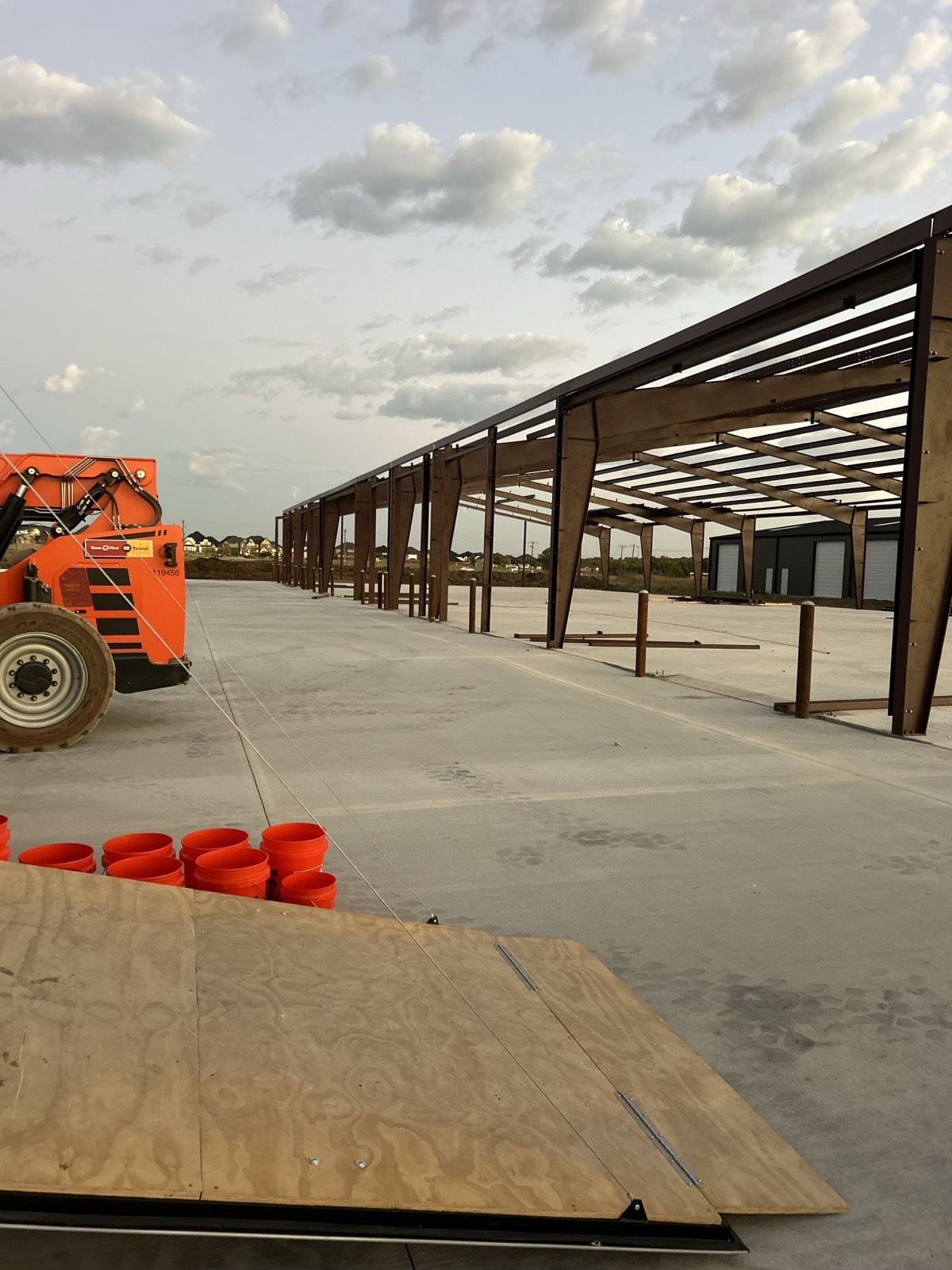 Commercial metal building under construction in North Texas